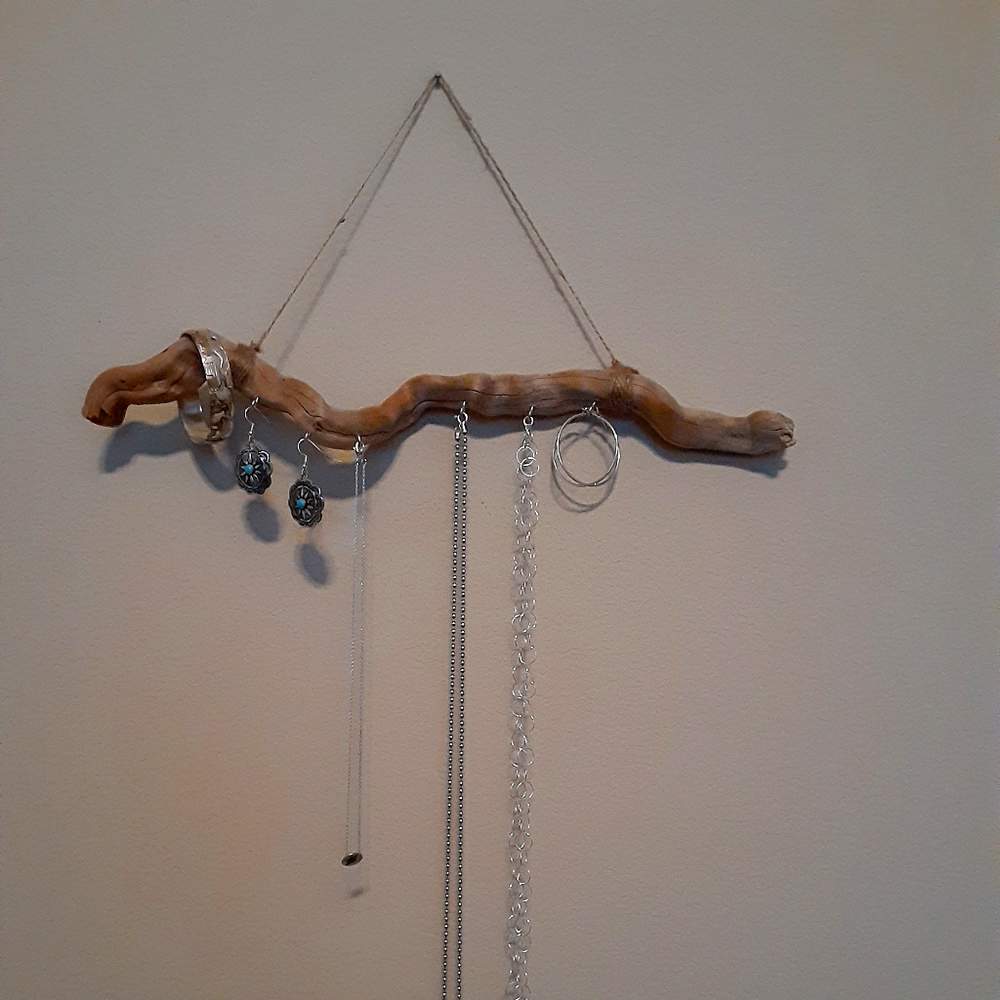 Example. Boho jewelry organizer. Silver hooks.